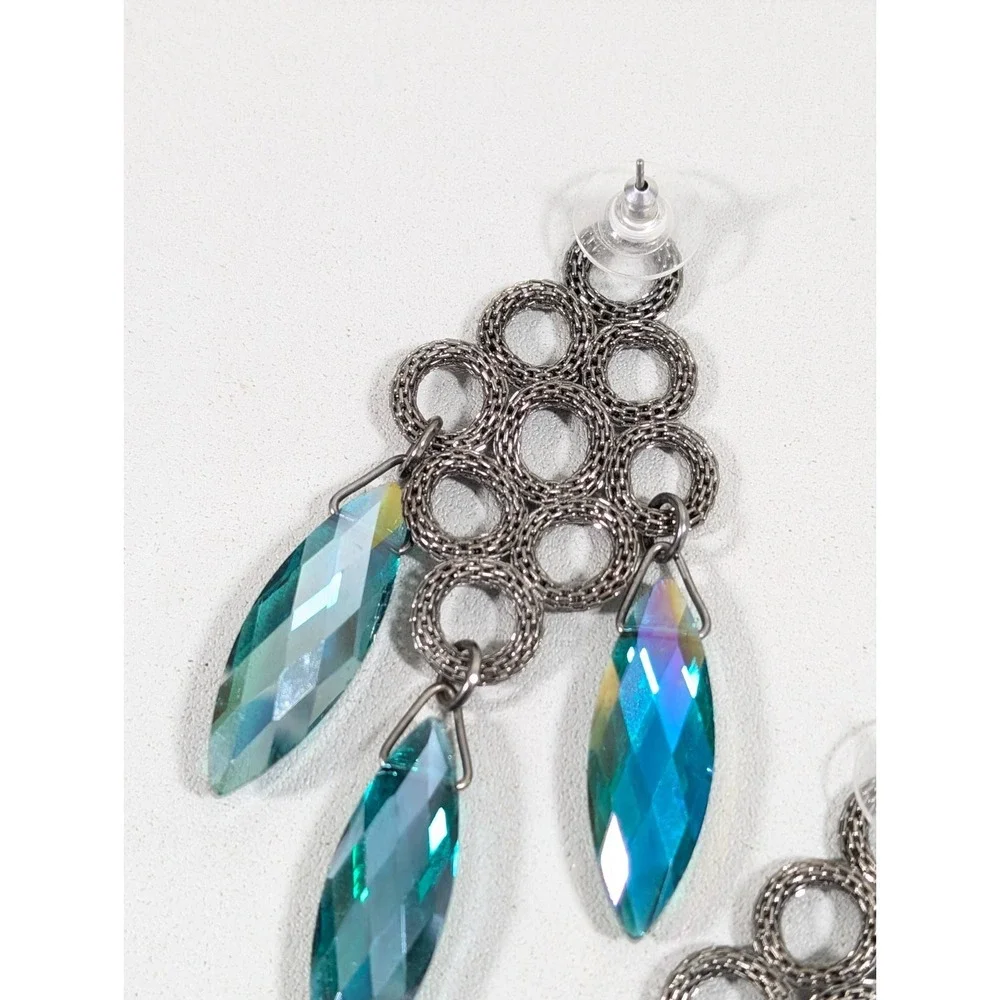Gunmetal Mesh Chain Chandelier Earrings Green AB Crystal‎ Dangle